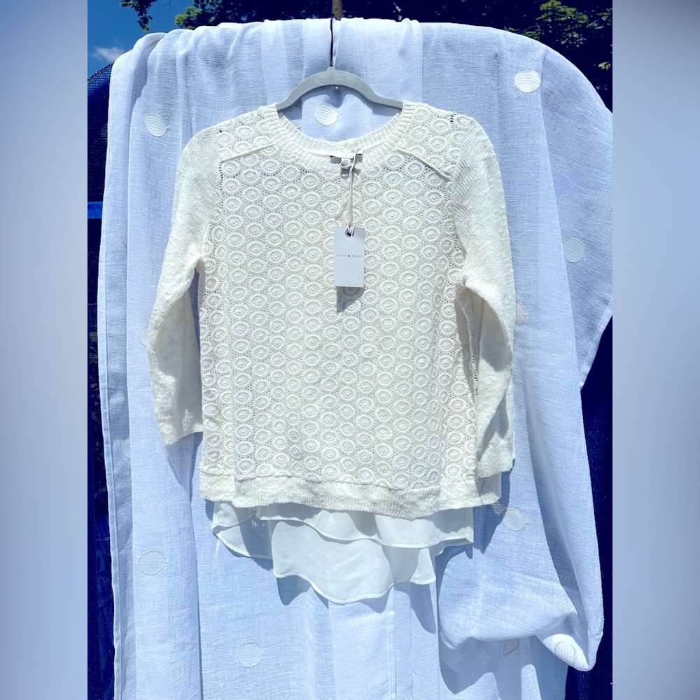 🆕 Lucky Brand - Layered Linen Blend Crochet Cream Sweater - Small